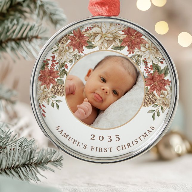Elegant Poinsettia Baby's First Christmas Photo Metal Ornament (Creator Uploaded)