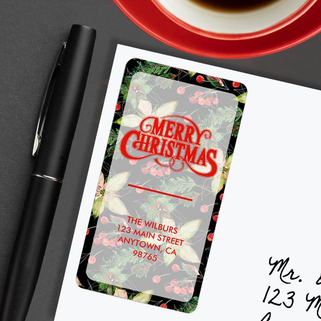 Elegant Poinsettia Berries on Black Return Address Label (Creator Uploaded)
