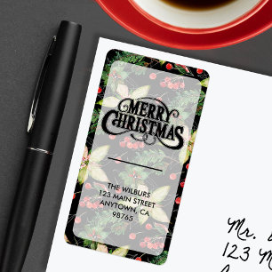 Elegant Poinsettia Berries on Black Return Address Label