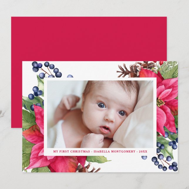 Elegant Poinsettia Berry My First Christmas Photo  Holiday Card (Front/Back)