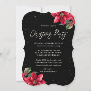 Elegant Poinsettia Black Christmas Party Invitation