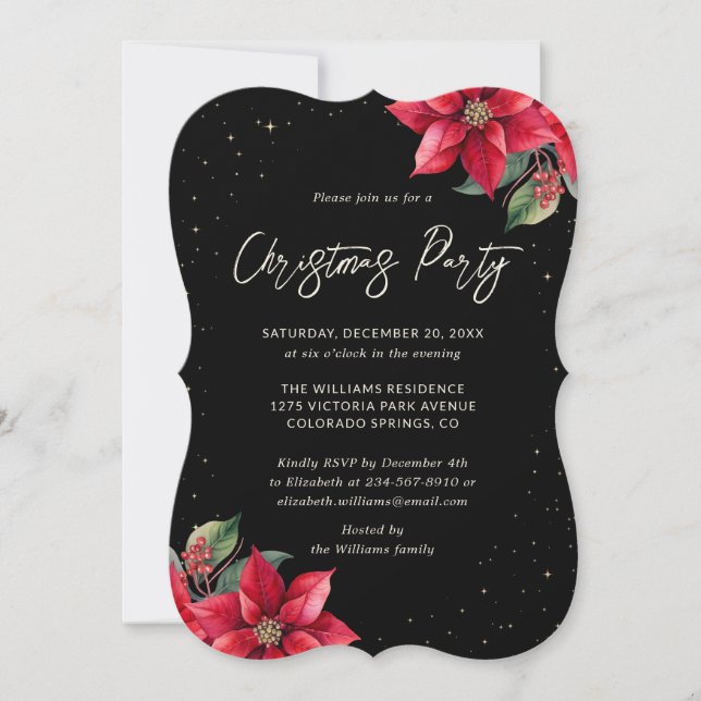 Elegant Poinsettia Black Christmas Party Invitation (Front)