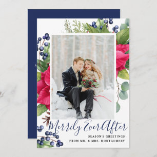 Elegant Poinsettia Blue Merrily Ever After Photo Holiday Card
