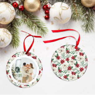 Elegant Poinsettia Border Family Photo Ornament
