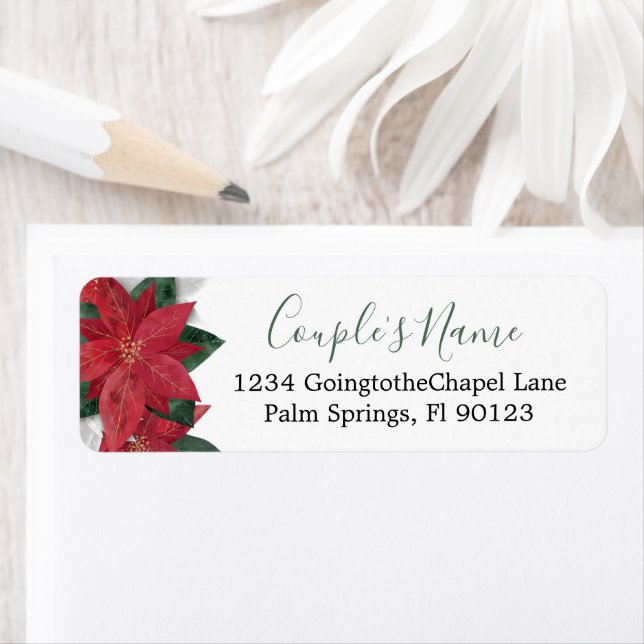 Elegant Poinsettia Christmas Green Return Address Label (Insitu)