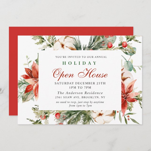 Elegant Poinsettia Christmas Holiday Open House Invitation (Front/Back)