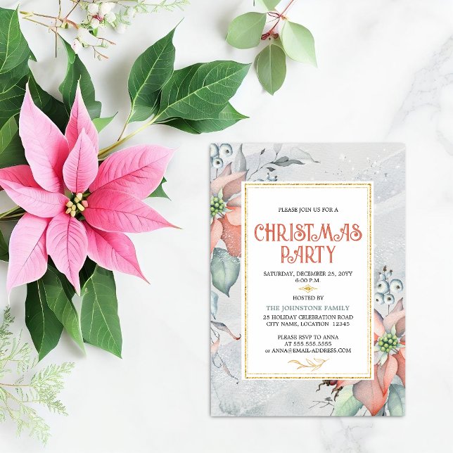 Elegant Poinsettia Christmas Holiday Party Invitation (Elegant poinsettia Christmas Holiday party invitation front view.)