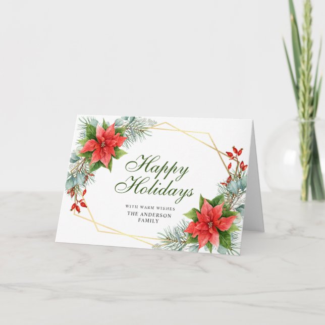 Elegant Poinsettia Christmas Mistletoe Greeting Holiday Card (Front)