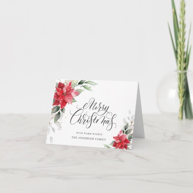 Elegant Poinsettia Christmas Mistletoe Greeting Holiday Card (Front)