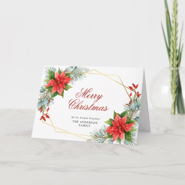 Elegant Poinsettia Christmas Mistletoe Greeting Holiday Card (Front)