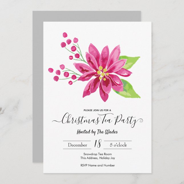Elegant Poinsettia Christmas Tea Party Invitation (Front/Back)