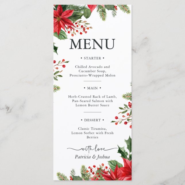 Elegant Poinsettia Christmas Wedding Menu Card (Front)