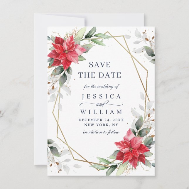 Elegant Poinsettia Eucalyptus Pine Fur Wedding Save The Date (Front)