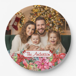 Elegant Poinsettia Floral Border Custom Paper Plate