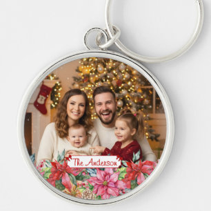 Elegant Poinsettia Floral Border Custom Photo Key Ring