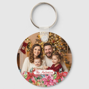 Elegant Poinsettia Floral Border Custom Photo Key Ring