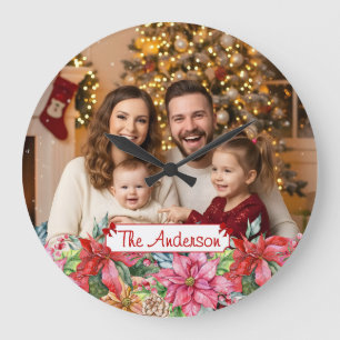 Elegant Poinsettia Floral Border Custom Photos Large Clock
