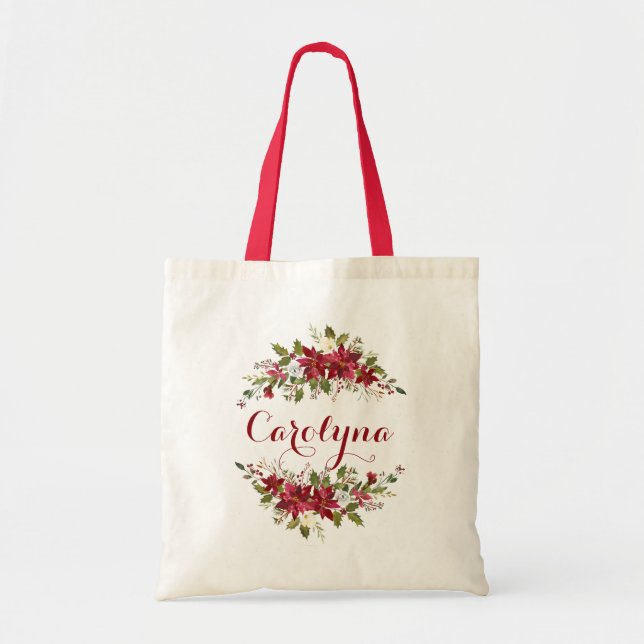 Elegant Poinsettia Floral Bridesmaid Favour Tote Bag (Front)