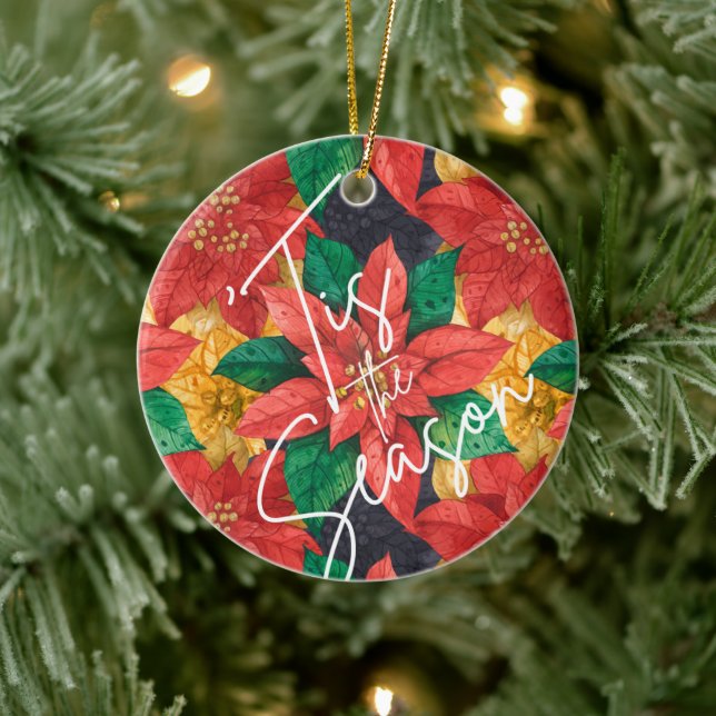Elegant Poinsettia Floral Holiday Christmas Ceramic Ornament (Tree)