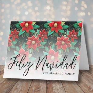 Elegant Poinsettia Flowers Feliz Navidad Christmas Holiday Card