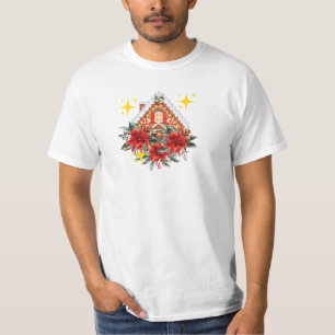 Elegant Poinsettia & Gingerbread House T-Shirt