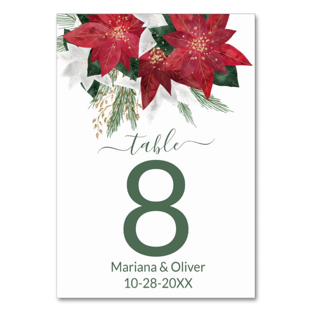 Elegant Poinsettia Green Christmas Wedding Table Number (Front)