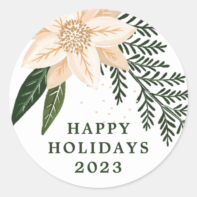 Elegant Poinsettia Happy Holiday Watercolor Classic Round Sticker (Front)