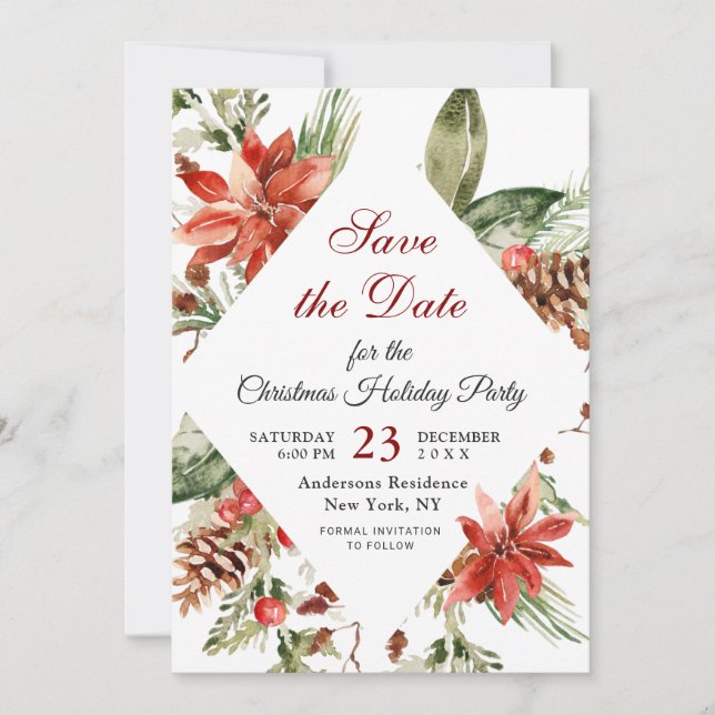 Elegant Poinsettia Holiday Christmas Party Save The Date (Front)
