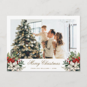 Elegant Poinsettia Holly Red Berries Photo Holiday Postcard