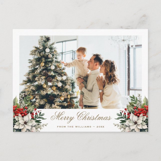 Elegant Poinsettia Holly Red Berries Photo Holiday Postcard (Front)