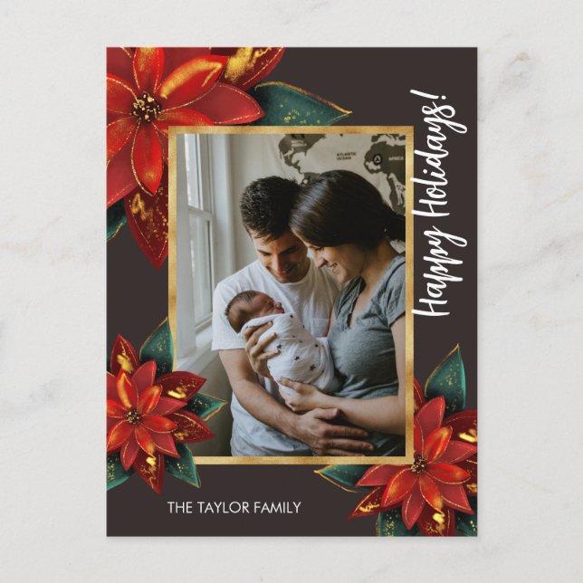 Elegant Poinsettia Merry Christmas Family Photo  Holiday Postcard (Front)
