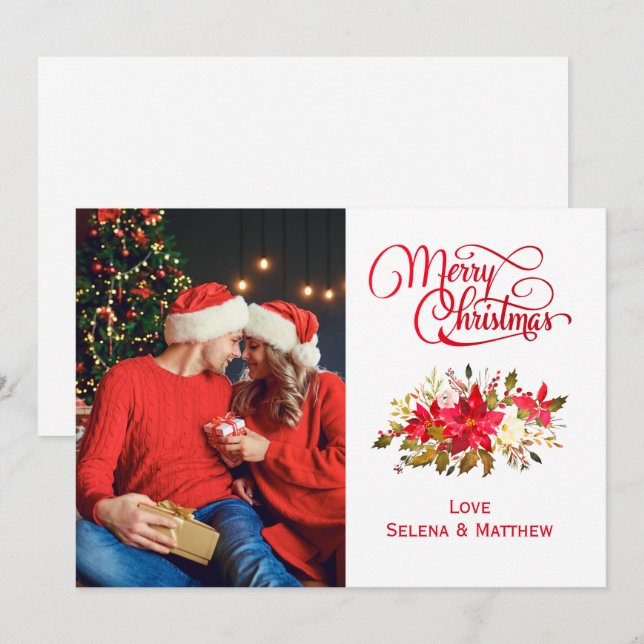 Elegant Poinsettia Merry Christmas Photo Holiday Card (Front/Back)