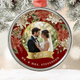 Elegant Poinsettia Newlywed Mr. & Mrs. Photo Metal Ornament