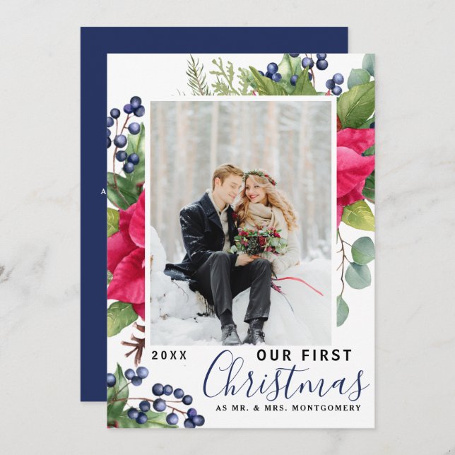 Elegant Poinsettia  Photo Our First Christmas Blue Holiday Card (Front/Back)