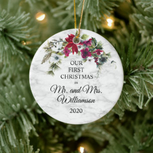 Elegant Poinsettia Pine First Christmas Married Ceramic Ornament