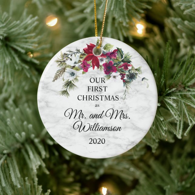 Elegant Poinsettia Pine First Christmas Married Ceramic Ornament (Tree)
