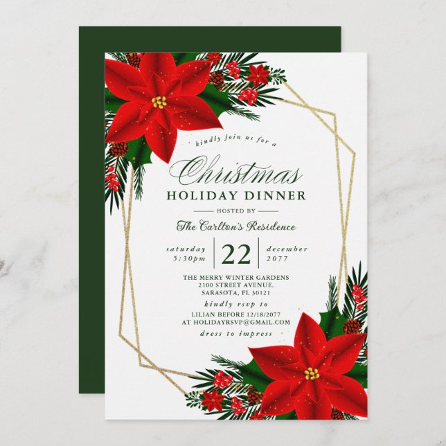Elegant Poinsettia Pine Greenery Christmas Dinner Invitation (Front/Back)