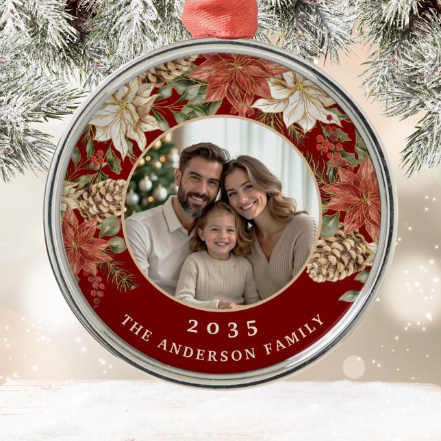 Elegant Poinsettia Rich Red Family Photo Metal Ornament (Creator Uploaded)
