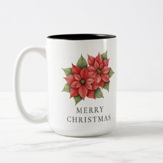 Elegant Poinsettia Watercolor 'MERRY CHRISTMAS' Mu Two-Tone Coffee Mug