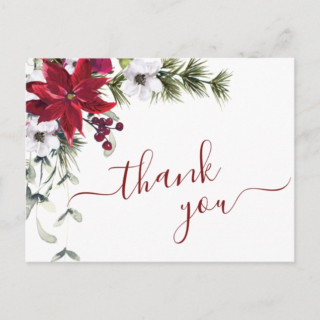 Elegant Poinsettia Watercolor Thank You Card (Front)