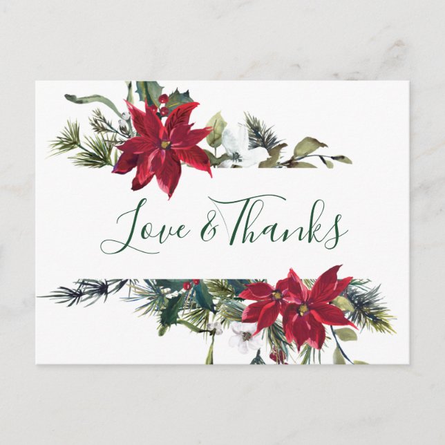 Elegant Poinsettia Wedding Watercolor Thank You Postcard (Front)