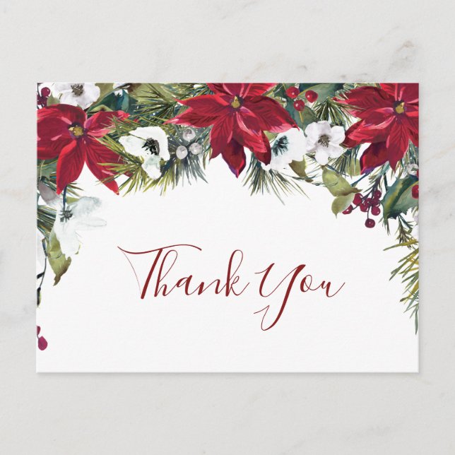 Elegant Poinsettia Wedding Watercolor Thank You Postcard (Front)
