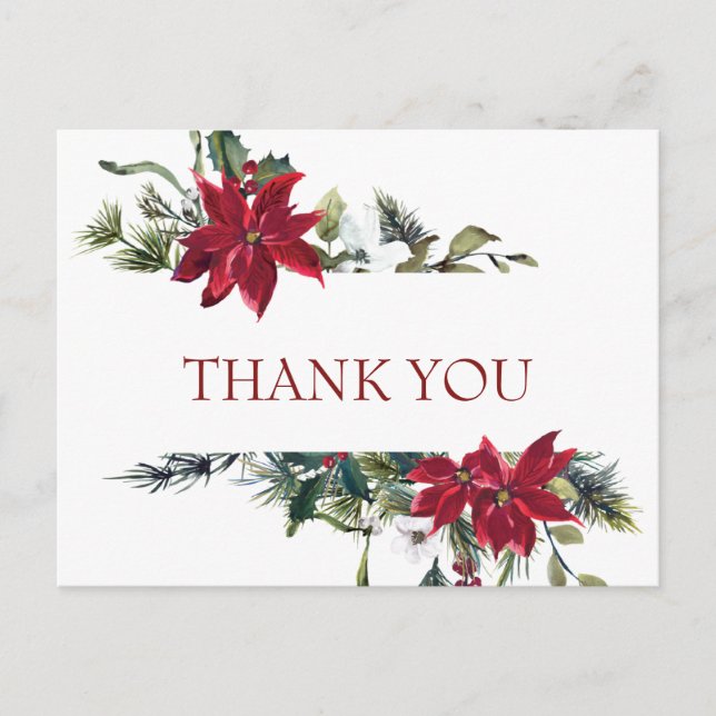 Elegant Poinsettia Wedding Watercolor Thank You Postcard (Front)