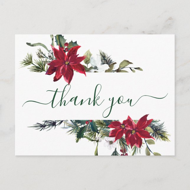 Elegant Poinsettia Wedding Watercolor Thank You Postcard (Front)
