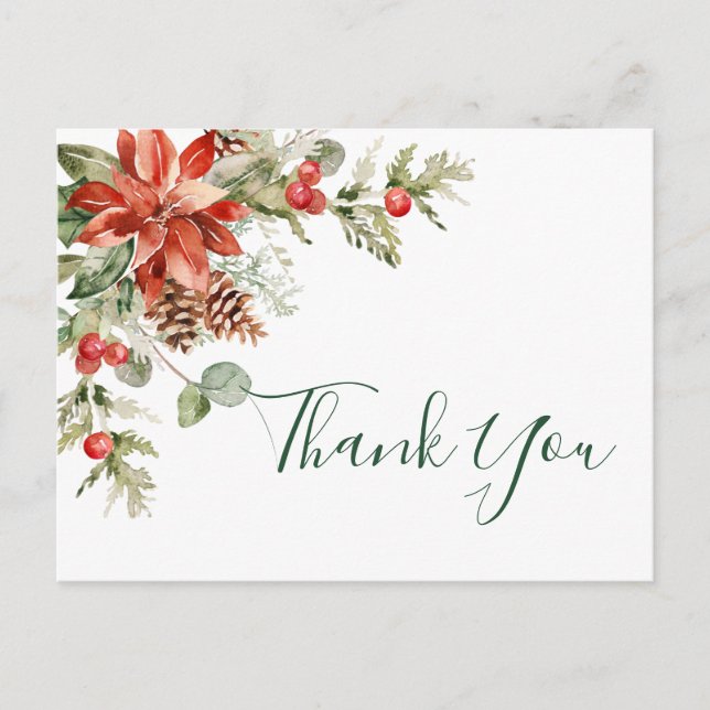 Elegant Poinsettia Wedding Watercolor Thank You Postcard (Front)