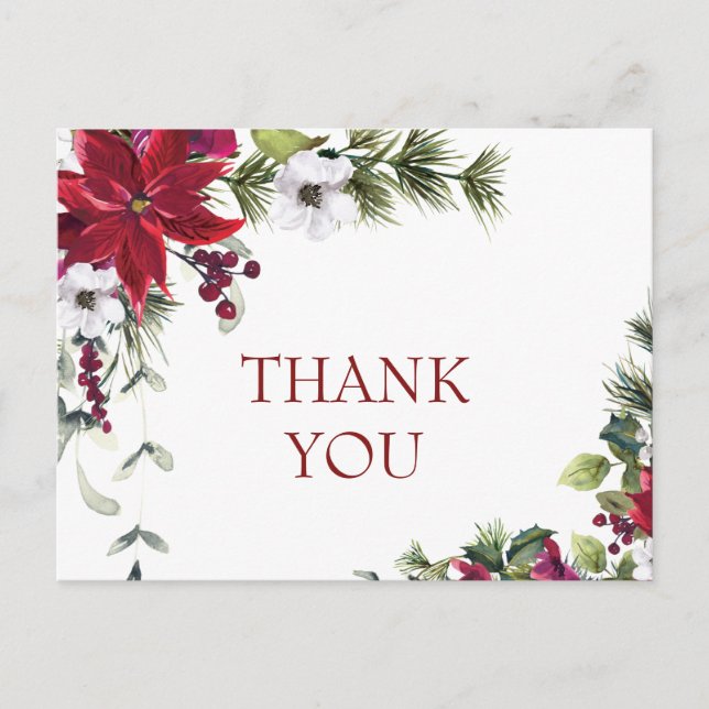 Elegant Poinsettia Wedding Watercolor Thank You Postcard (Front)