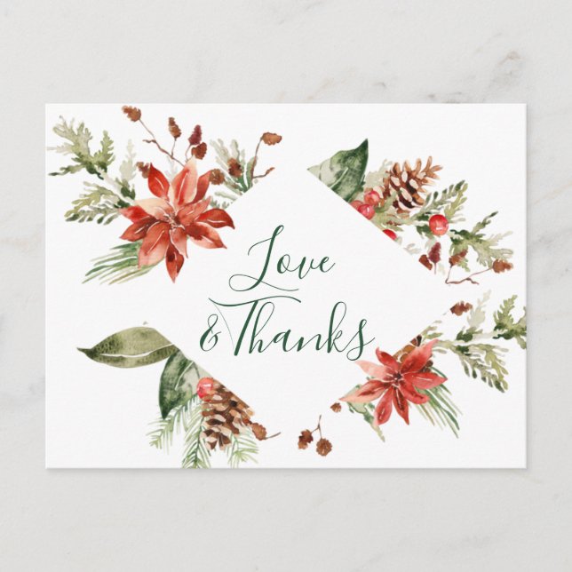 Elegant Poinsettia Wedding Watercolor Thank You Postcard (Front)