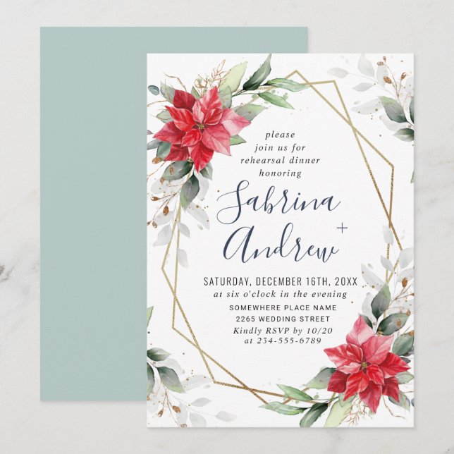 Elegant Poinsettia Winter Floral REHEARSAL DINNER Invitation (Front/Back)