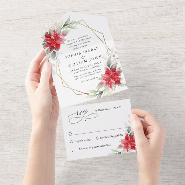 Elegant Poinsettia Winter Greenery Wedding All In One Invitation (Tearaway)