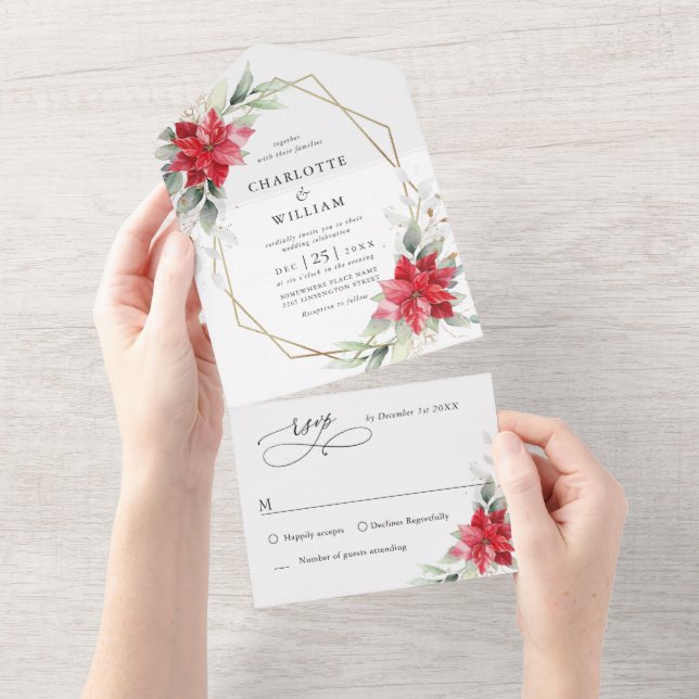 Elegant Poinsettia Winter Greenery Wedding All In One Invitation (Tearaway)